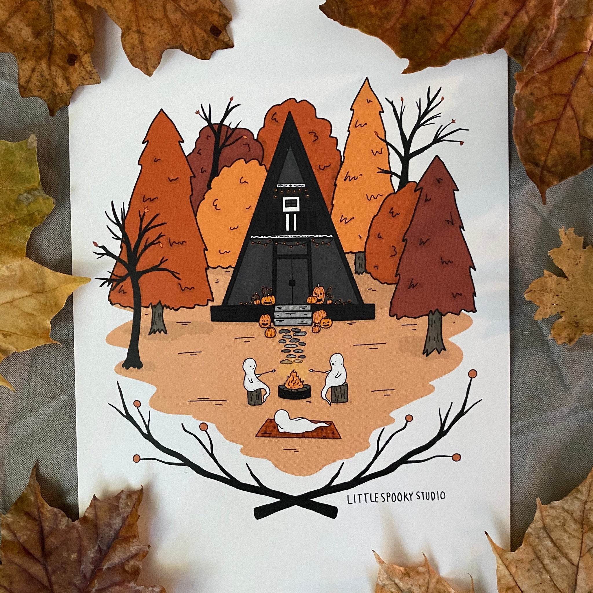 Autumn A-Frame Cabin Art Print
